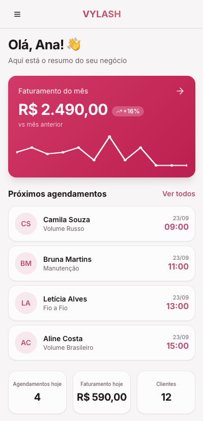 Painel inicial do Vylash com faturamento e próximos agendamentos