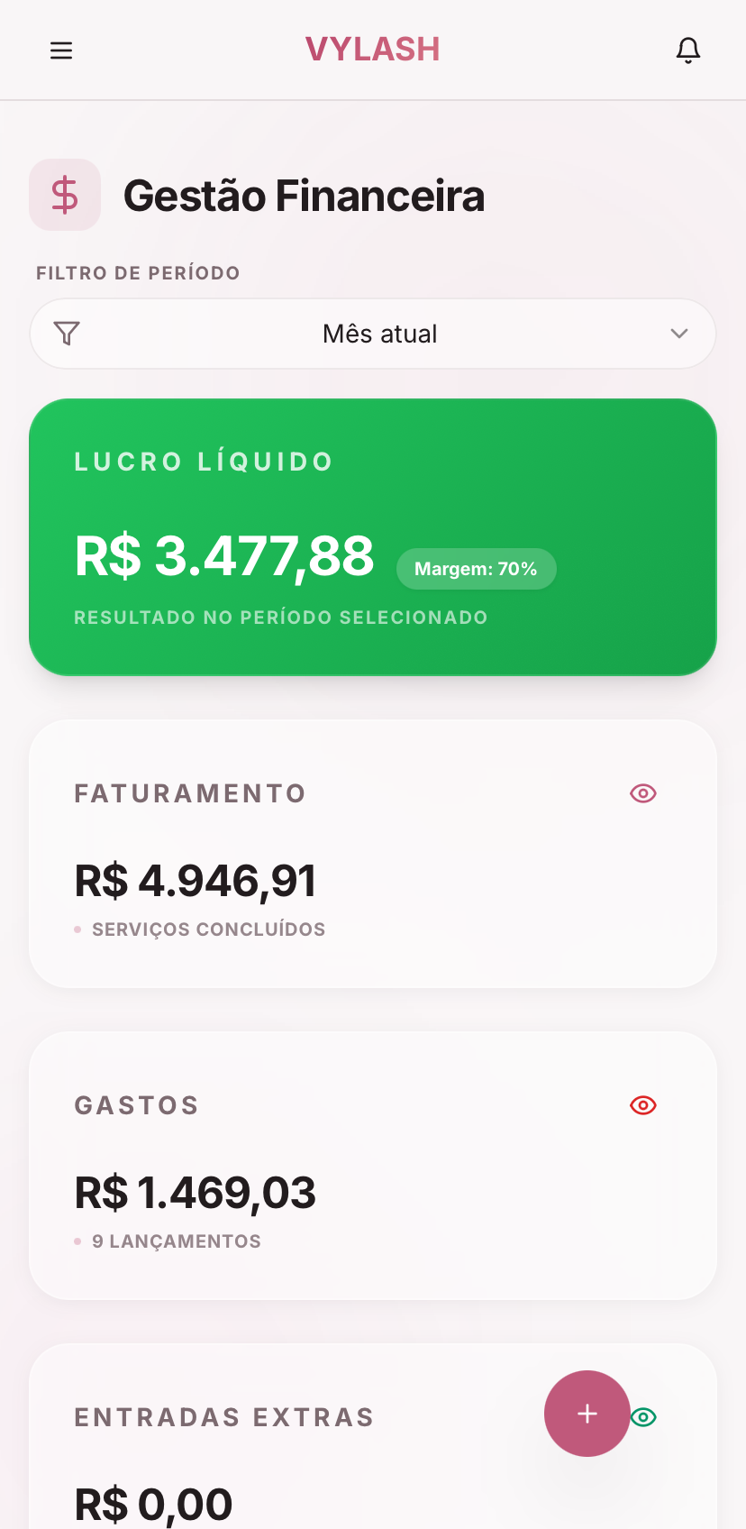 Dashboard financeiro do Vylash